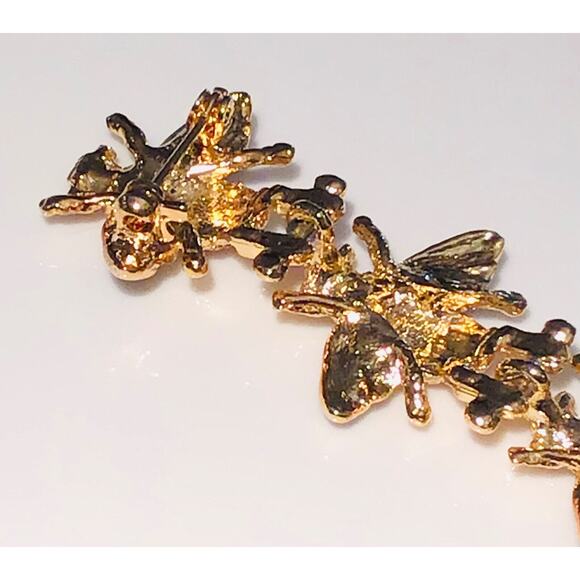 7-Bee Strand 6" Double Pin PAVE CRYSTAL BEE BROOCH Enameled Gold Plate Bees - Picture 3 of 7